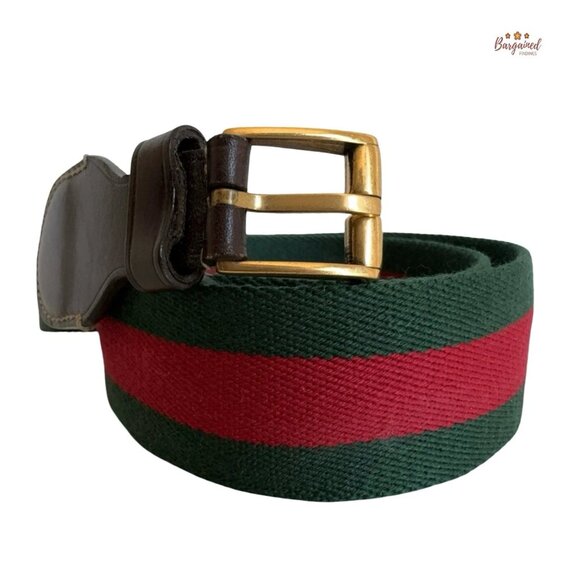 Auth Gucci Web Green/Red Canvas Brown Leather Gold Buckle Belt 90/36